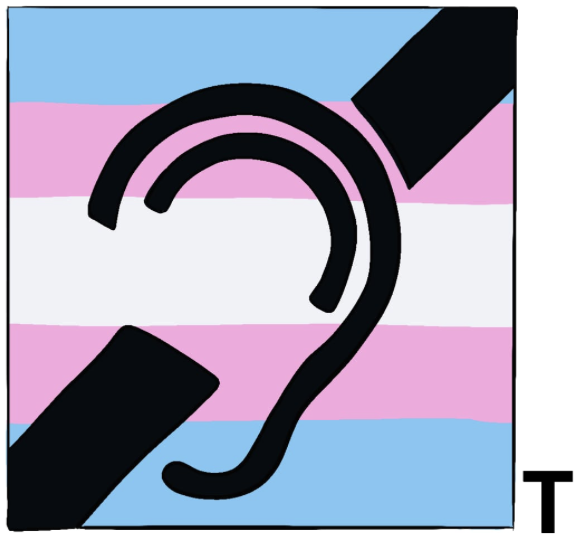 Image Description: A square trans flag with the widely recognised symbol for T coil induction loop superimposed in black