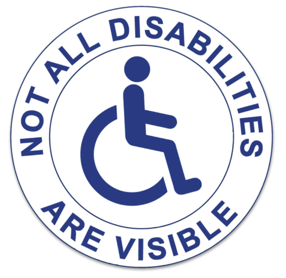 Image Description: A flag design featuring the easily recognisable white and royal blue ISA (International Symbol of Access) or “wheelchair symbol”. The symbol is a minimalist, side view graphic of a human figure seated in a crescent shape suggestive of a wheelchair. Around the symbol, two concentric blue circles form a thick round border in which “Not All Disabilities Are Visible” is written in blue block capital letters.