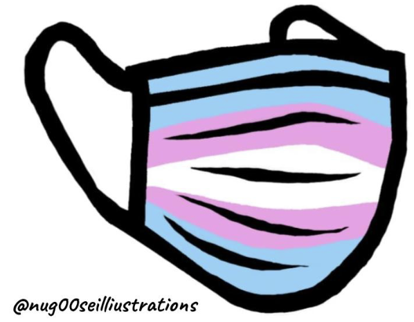 Image Description: A graphic of a PPE face mask filled with the trans flag
