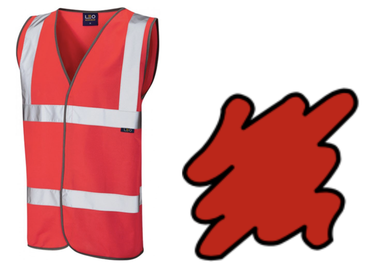 Image Descriptions: Left - a red high vis vest. Right - a graphic of a red splodge.