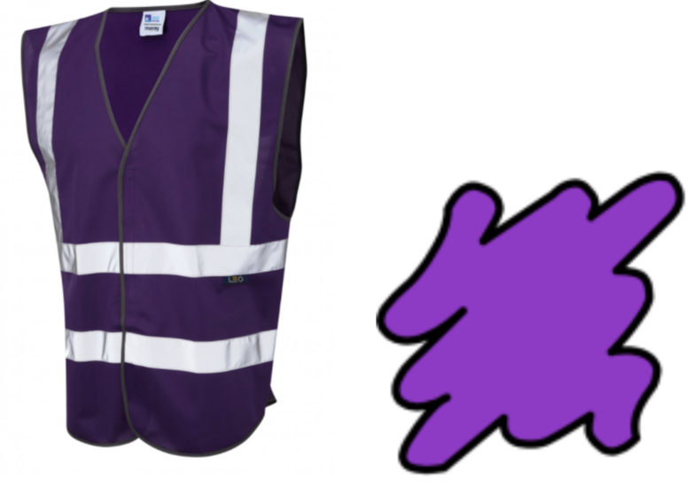 Image Descriptions: Left - a purple high vis vest. Right - a graphic of a purple splodge.