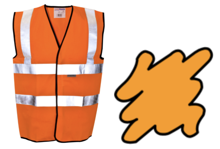 Image Descriptions: Left - an orange high vis vest. Right - a graphic of an orange splodge.