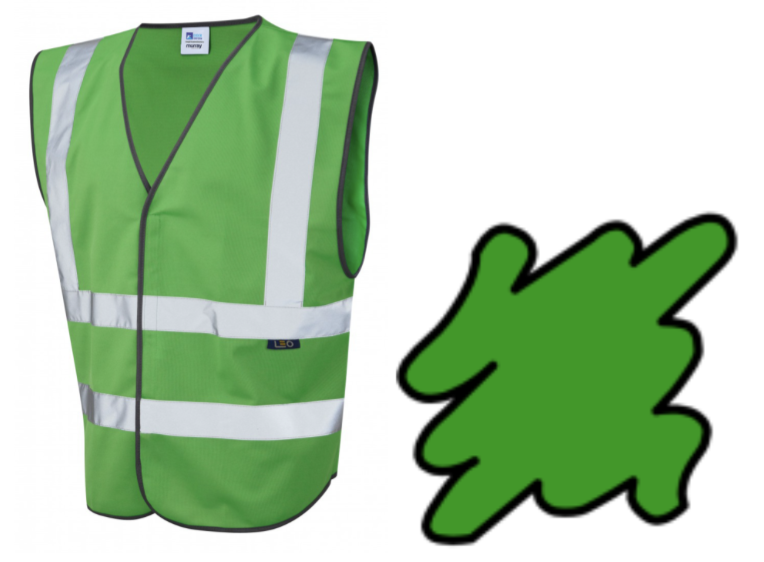 Image Descriptions: Left - a green high vis vest. Right - a graphic of a green splodge.
