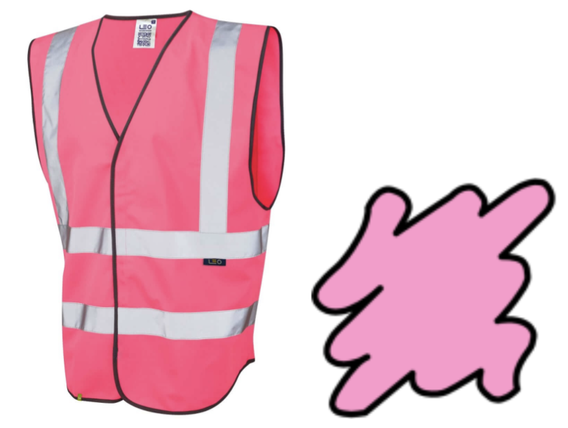 Image Descriptions: Left - a pink high vis vest. Right - a graphic of a pink splodge.