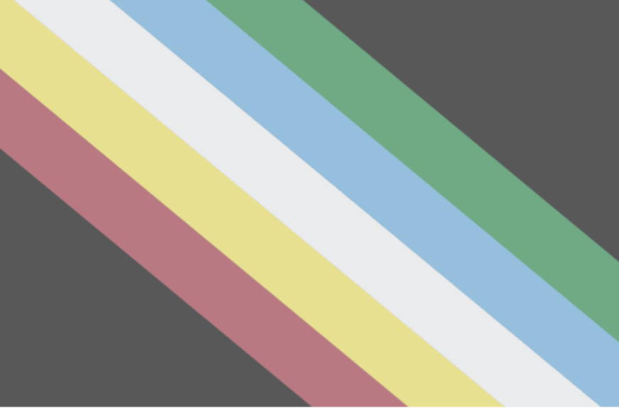 Image Description: This image shows the newer Ann Magill's Disability Pride flag. It features a band of the same five colours as the original flag – red, yellow, white, sky blue, and green – arcing across the black background from top-left to bottom-right. Unlike the original Disability Pride flag, the newer flag’s colours are much mellower and more desaturated, and instead of a zig-zag, the band of colours is a smooth diagonal line.
