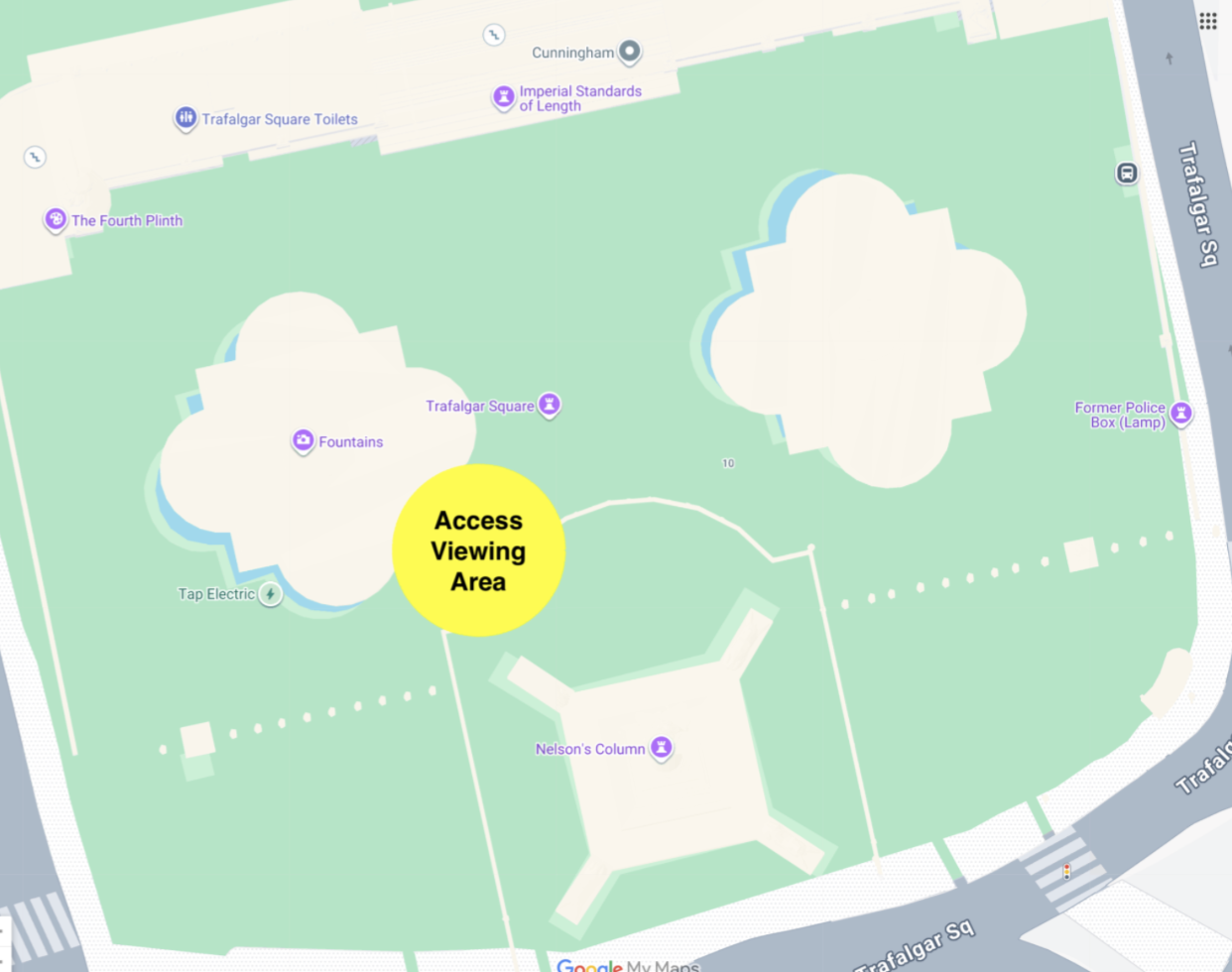 A graphic of the layout of Trafalgar Square. A Yellow Circle in the South West corner marks out where the Access Viewing Area is for the Speeches at this year’s London Trans+ Pride
